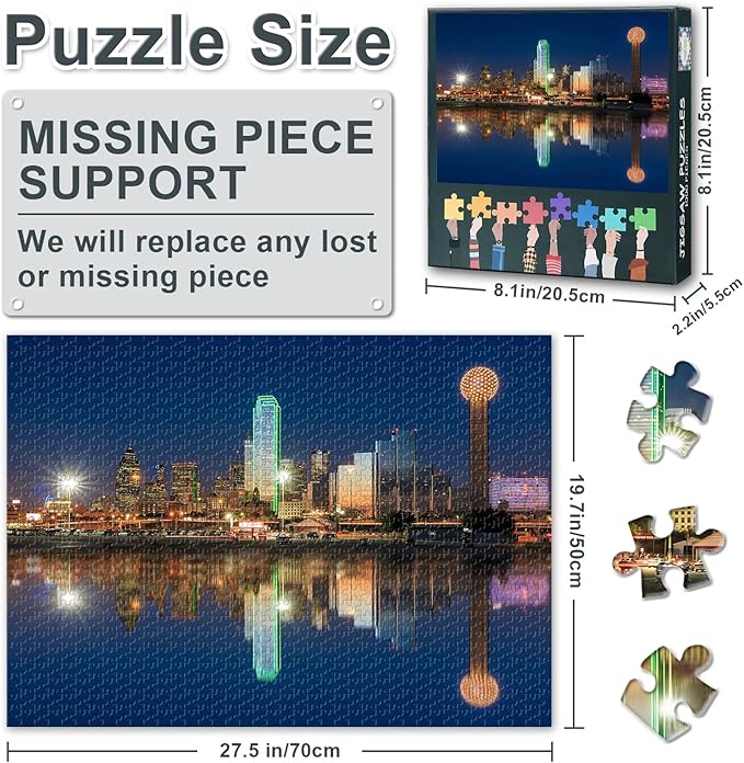 USA Cityscape Jigsaw Puzzles - 1000 Piece Puzzle for Adults, Dallas Skyscrapers Reflected in Trinity River Challenging Puzzles for Adults (27.5"x19.7"), Family Game Night Gift & Home Decor