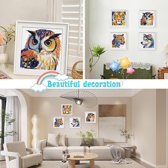 Libfx Diamond Art Kits for Kids 4 PCS Diamond Art for Girls Boys Beginners Arts and Crafts for Kids Ages 8-12 (Tiger Leopard owl Dog)