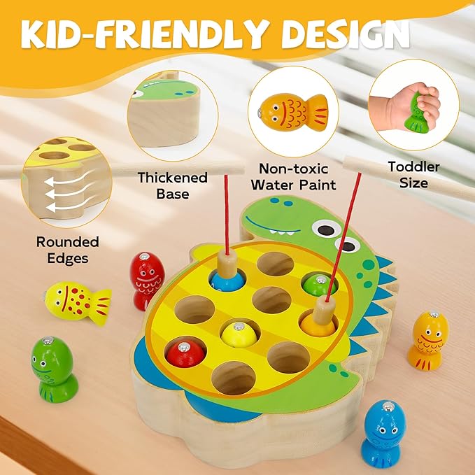 Wooden Magnetic Fishing Game, Dinosaur Magnetic Fishing Toy for Kids 3-5, Montessori Preschool Education Learning Color Sorting Fine Motor Skill for Toddlers