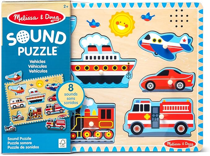 Melissa & Doug Vehicles Sound Puzzle – 8-Piece Wooden Peg Puzzle with Light-Activated Sounds, Music Learning Toy for Toddlers and Preschoolers Ages 2+