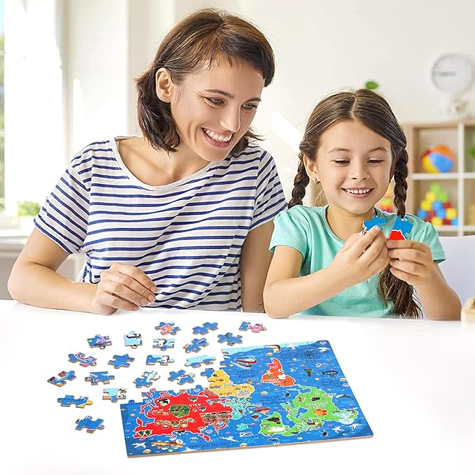 LELEMON World Map Puzzles for Kids Ages 4-8,100 Pieces World Sea Map Jigsaw Puzzles in a Metal Box,Fun World Map Learning Educational Toys for Boys Girls