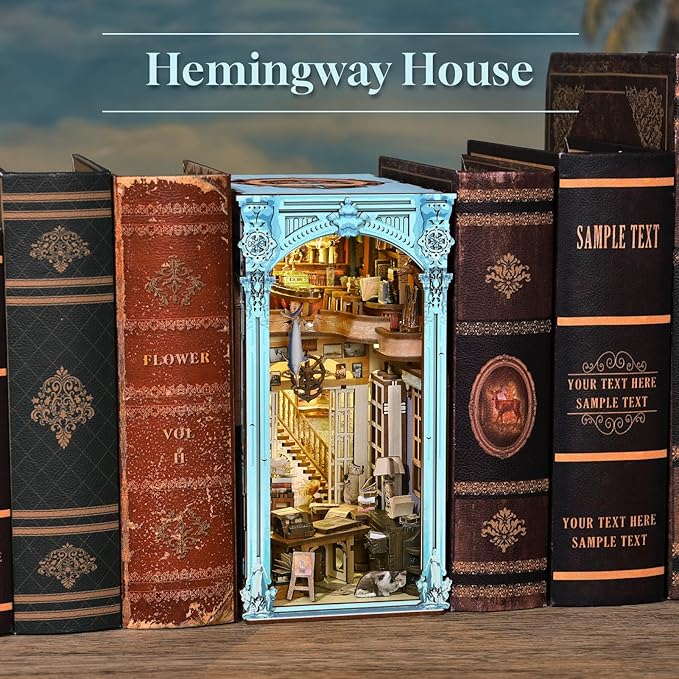 MiniCity DIY Book Nook Kit for Adults, 3D Wooden Puzzle Bookend Bookshelf Insert Decor with LED Light and Dust Cover (Hemingway House)