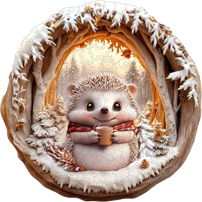 Wooden Puzzles for Adults, Wood Cave Hedgehog Puzzle, Flat Puzzles with 3D Visual Effect, Unique Puzzles for Puzzle Lover (S-8.5 * 8.5in 100pcs)
