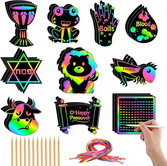 JULMELON 36 PCS Passover Crafts, Rainbow Scratch Paper Art for Passover Gifts Magic Color Passover Scratch Off Cards for Activities DIY Drawing Project Party Favors