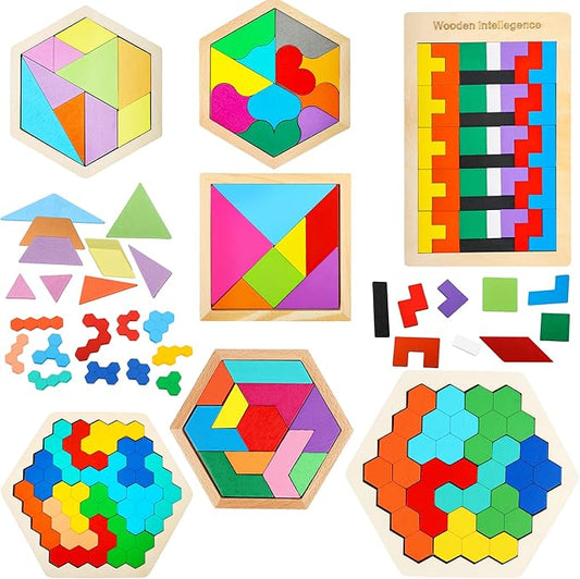 7 Pack Wooden Tangrams Puzzle Set Wooden Hexagon Puzzles Wood Russian Blocks Geometric Block Brain Teaser for Kids Adults 3D Logic Intelligence IQ Game Gift