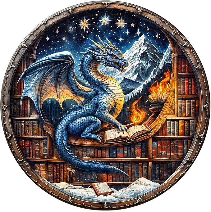 Wooden Jigsaw Puzzles for Adults, Snowy Library Dragon Wood Puzzles Adult, Wooden Puzzles for Adults, Unique Shape, Fun Gifts for Friends & Family, Home Decor(S -8.5 * 8.5in-100 pcs)