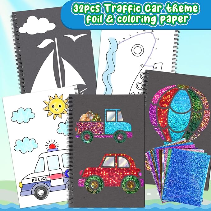 Art & Craft Activity,Foil Craft Traffic DIY Art Fun Kits,No Mess Creative Foil Art Kits Set Drawing Game for Kids,Birthday Gifts Crafts Supplies Travel Toys for Girls Boys Ages 4 5 6 7 8 9 Year Old