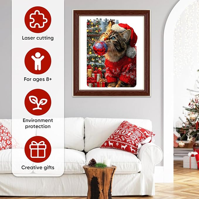 Christmas Hat Cat Jigsaw Puzzles - 200 Pcs Handmade Wooden Puzzle with Unique Shapes, Stress Relief & Educational Fun, Family Game Night 8.9×12.1 Inch, Best Gift for Friends