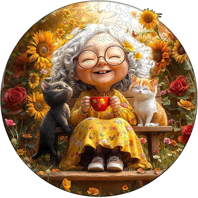 Wooden Puzzles for Adults, Sunny Afternoon Wood Puzzles Adult, Cat Sunflower Wooden Jigsaw Puzzle for Adults, Unique Shape Puzzle, Good Gift Idea for Family & Seniors (M-11.4 * 11.4in -200 Pieces)