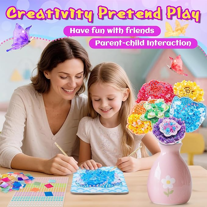 CrispPlay Crafts for Kids Ages 4-8 8-12 Girls Toys, 8pcs Poke Art Craft Kits for 4 5 6 7 8 9 Year Old Girls Birthday Christmas Gifts, DIY Bouquet & Butterfly, Mess Free