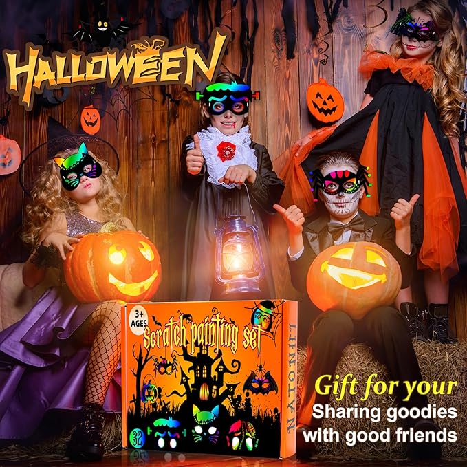 Natonhi 32Pcs Halloween Crafts for Kids Rainbow Scratch Mask, Halloween Games Scratch Art and Craft Kit Classroom Activities Favors Party Supplies