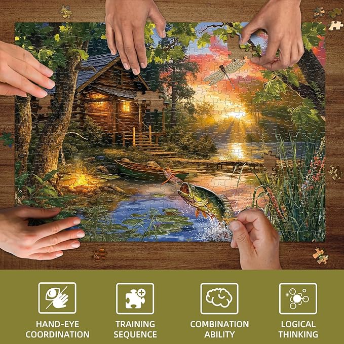 Jigsaw Puzzle for Adults 500 Pieces - Lakeside Cottage Puzzles, Nature Forest Lake Wooden Cabin Jigsaws