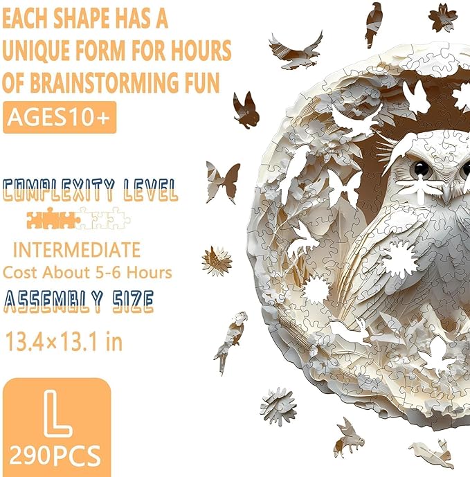 Wooden Puzzles for Adults, Flat Puzzle with 3D Visual Effect, Paper Carved Owl Wooden Jigsaw Puzzles for Adult, Unique Shape Wood Puzzles Adult, Wall Art Canvas Puzzle (L-13.4 * 13.1in-290pcs)