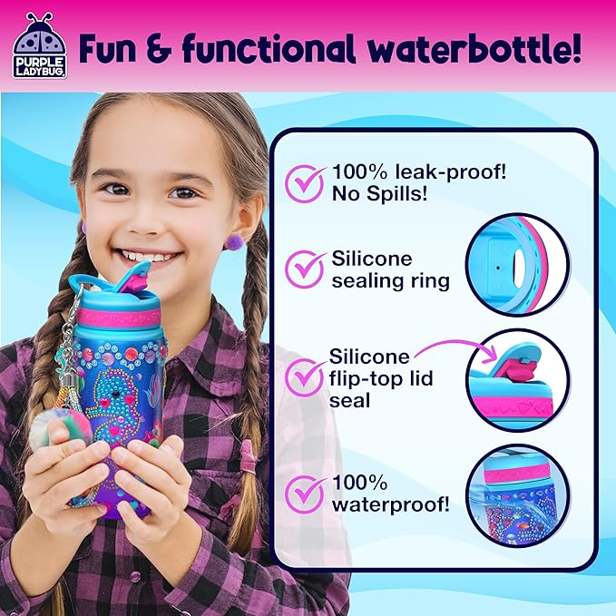 PURPLE LADYBUG Decorate Your Own Water Bottle for Girls, 22oz - Mermaid Peel-and-Stick Gemstones, Charms & Stickers Craft Set, Great Birthday Gifts for Girls 5-10 Years Old, Christmas Gift for Girl