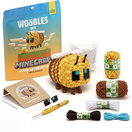 The Woobles Minecraft Crochet Kit – Beginner Crochet Kit for Adults & Kids, Easy Knitting Kit with Woobles Yarn, DIY Crafts, Crochet Animals, Minecraft Toys, Gift for Gamers & Crafters (Bee)