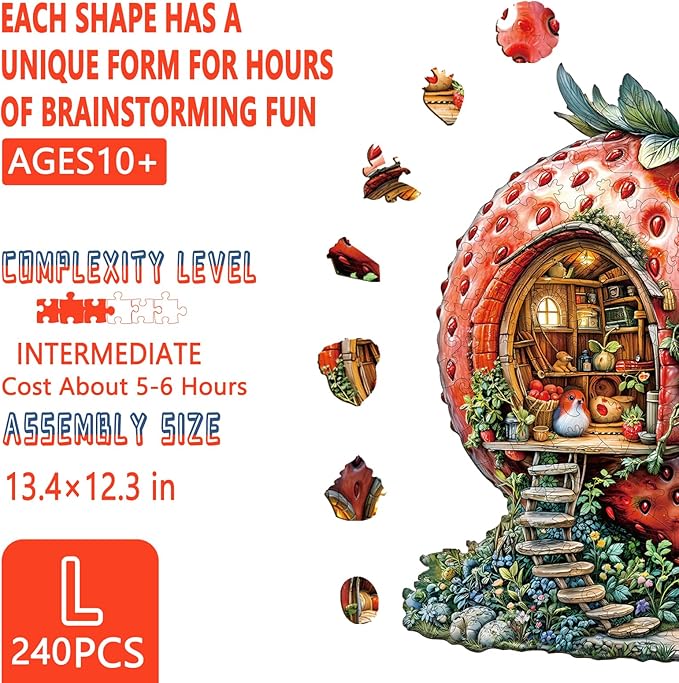 Wooden Puzzles for Adults, Strawberry Hut Wooden Jigsaw Puzzle for Adults, Magical Fruits Wood Puzzles Adult, Unique Animal Shape, Fun Gifts for Friends & Family, Home Decor(L-13.4 * 12.3in-240 pcs)