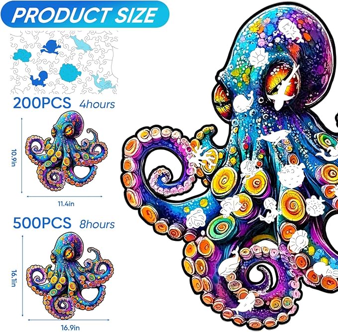 Wooden Jigsaw Puzzle, 200 Pcs Unique 3D Shape Jigsaw Puzzles, Wood Puzzle Gift Box Packing, Medium Size Letter, Creative Gift for Adults and Kids, Fun Challenging (EA4Octopus, 200PCS)