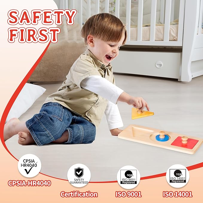 Montessori Wooden Color Shape Sorting Puzzle for Kids, Multiple Geometric Peg Puzzles with Jumbo Knob for 18+ Months Baby, Preschool Shape Sorter Montessori Learning Toys (3 Pieces)