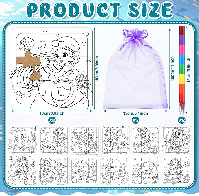Fullhawl 12 Sets Mermaid Puzzles Underwater Color Your Own Puzzles DIY Jigsaw Crafts with 12 Stackable Crayons and 12 Bags for Under The Sea Theme Gifts Birthday Party Supplies(12, Mermaid)