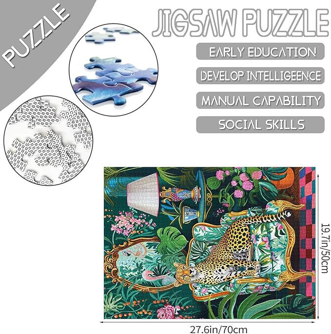Jungle Animal Cheetah on Sofa Jigsaw Puzzles for Adults 1000 Pieces,Woodland Leopard Botanical Jigsaw Puzzle Art 20x27 in Colorful DIY Puzzle for Home Decoration,Family Puzzle Perfect for Game Nights