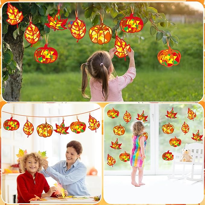 Qyeahkj 36 Set Fall Suncatchers Crafts for Kids DIY Autumn Window Tissue Paper Crafts Kit Maple Leaves Pumpkin Hanging Decor for Thanksgiving School Home Activity Art Project Birthday Party Favor Gift