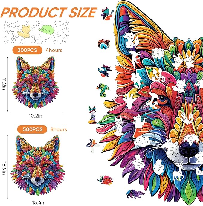 Wolf Wooden Puzzles 200 Pieces, Animal Jigsaw Puzzles for Adults, Unique Shape Animal Adult Puzzles, Irregular Best Gift for Adults Family Game (10.2x11.2 in)