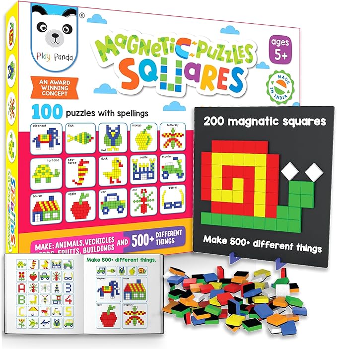 New Magnetic Puzzles : Squares - Includes 250 Colorful Magnets Pieces 100 Puzzle Book Magnetic Board and Display Stand