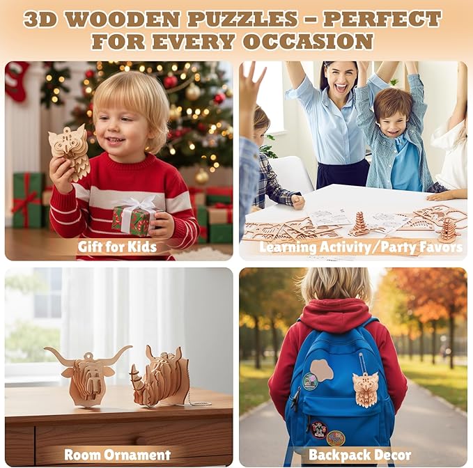 3D Wooden Puzzles for Kids, 8 Pcs Animal Assembly Model Wood Arts and Craft Puzzles Set, No-Glue DIY Delicate Pendant STEM Toys for Boys Girls Ages 6+, Educational Birthday Gift, Party Favors