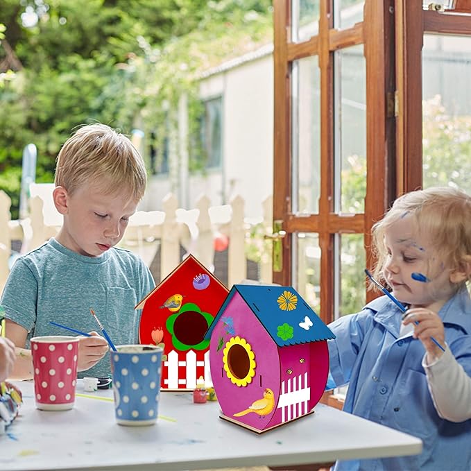 Glintoper Art Craft Wood Toys for Kids, 4 Pack DIY Bird House Kit Painting Puzzle DIY Wooden Assembly, Build and Paint Birdhouse, Include Paints & Brushes, Wooden Arts for Girls Boys Toddlers