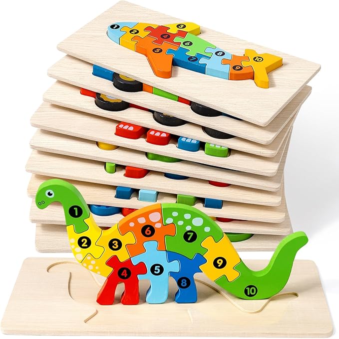 9 Pack, Wooden Puzzles for Kids, Toddler Number Puzzle, Animal Dinosaur Toddler Toys, Montessori Toys for Kids Ages 3+