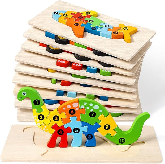 9 Pack, Wooden Puzzles for Kids, Toddler Number Puzzle, Animal Dinosaur Toddler Toys, Montessori Toys for Kids Ages 3+
