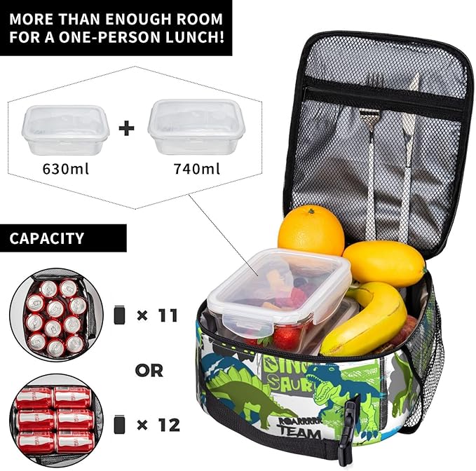 Cartoon Dinosaur Reusable Lunch Box Food Bag Insulated Lunch Bag for Teenage Boys Girls School Beach