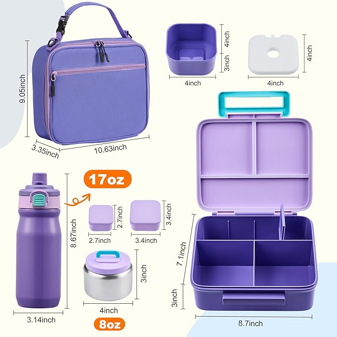 MAISON HUIS Kids Bento Box Set - Includes 8oz Soup Thermo, Insulated Lunch Bag & 17oz Stainless Steel Water Bottle, 5-Compartment Bento Box with Built-In Ice Pack, Leak-Proof & BPA-Free(Purple)