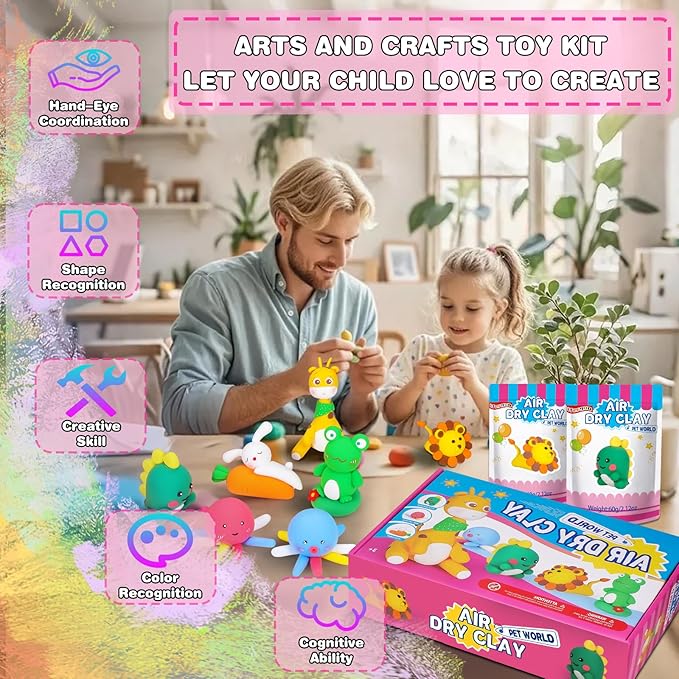 ifergoo Air Dry Clay for Kids - Animal Modeling Clay Kit, 6 Animal Designs with Sculpting Tools & Tutorials, Ultra Light & Soft, Arts & Crafts DIY Creative Toys, Gifts for Age 3-12 Girls & Boys