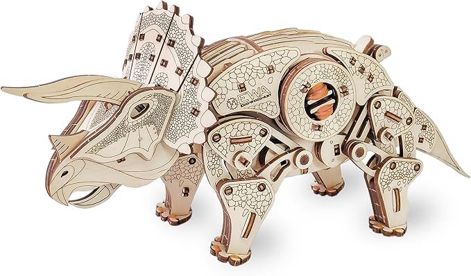 3D Wooden Puzzle - Triceratops 3D Puzzle with Wind Up Rubber Band Mechanism, Moving Legs, Head & Tail - 3D Wooden Puzzles for 15 yrs Above & Adults - Model Building Kits by Eco Wood Art, 283 Pieces