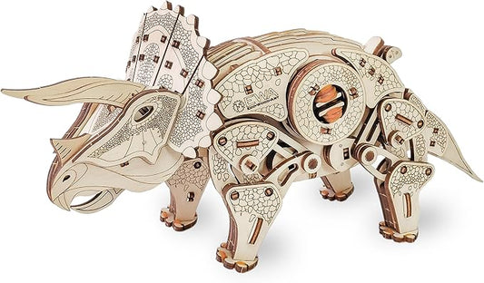 3D Wooden Puzzle - Triceratops 3D Puzzle with Wind Up Rubber Band Mechanism, Moving Legs, Head & Tail - 3D Wooden Puzzles for 15 yrs Above & Adults - Model Building Kits by Eco Wood Art, 283 Pieces