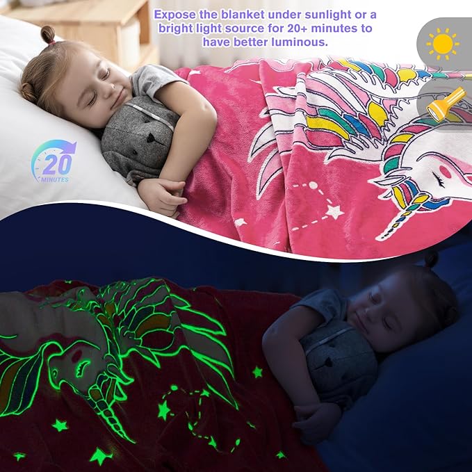 Unicorn Toys Gifts for Girls Kids - Glow in The Dark Unicorns Blanket Best Birthday Christmas Valentines Easter Decor Presents for Age 1-14 Years Old Teens Child Toddler Daughter Soft Throw 50"X60"