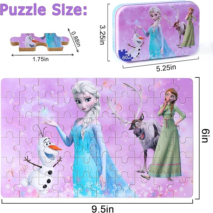 LELEMON Pretty Girl Puzzles for Kids Ages 4-6, Snowman 60 Piece Puzzles for Kids Ages 3-5,Children Jigsaw Puzzles in a Metal Box,Educational Learning Puzzle Toys for Girls and Boys