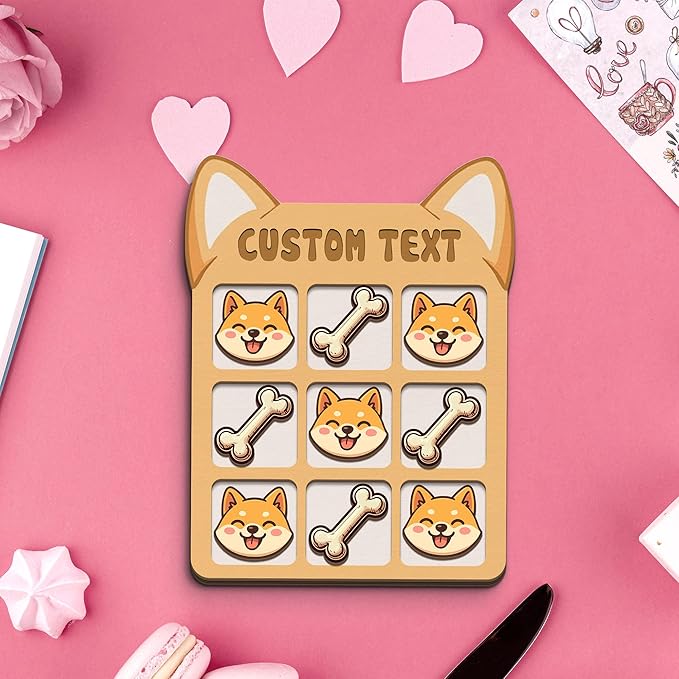 Personalized Dog XO Board Game, Personalized Cute Dog Wooden Noughts and Crosses Game, Pet Table Decor Road Trip Travel Game for Family (Dog 5)