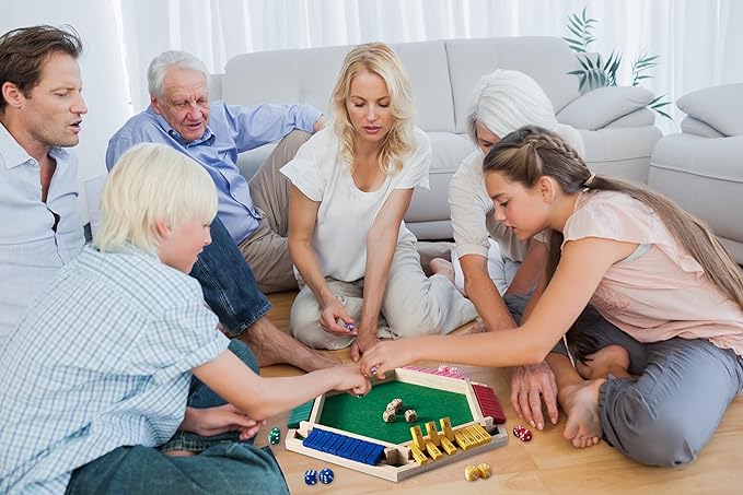 Vamslove Shut The Box Game for 6 Player with 12+4 Dice - Colorful 6 Sided Wooden Board Math Number Games for Kids Adults Families Party Club (Instructions Included)