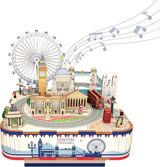 Tonecheer Wooden Music Box Puzzle for Adults,DIY Rotating Music Box Kit 3D Creative Musical Puzzle Crafts Model Building Kits Desk Decor for Teens Kids Birthday Gift (London Music Box)