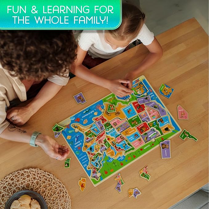 Montessori Mama USA Map Wooden Puzzle, Puzzles for Kids Ages 4-6 Educational Toys for 4 Year Old Kids Puzzles Ages 5-8 Landmarks, Animals, Capitols and States