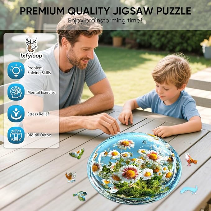 Water Drop Daisy Wooden Puzzles, 200 Pieces Jigsaw Puzzles 11.2 x11.2 inch, Unique Design Wooden Puzzles for Adults and Kids, Family Game Gift