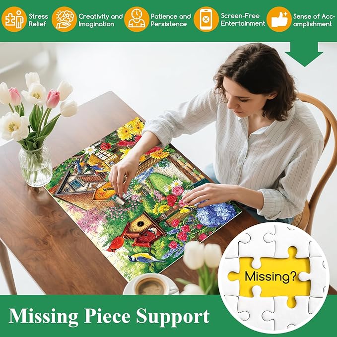 300 Piece Puzzles for Adults, Garden Birds Birdhouse Village Puzzle for Adults Kids Seniors,Large Piece Funny Puzzle for Kids Ages 8-10 10-12,Flowers House Puzzles Perfect for Game Nights,20.5x15 in