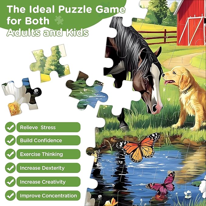 300 Piece Puzzle for Adults, Golden Retriever Horse on Farm Scenic Landscape Jigsaw Puzzle, Jigsaw Puzzles for Adult 300 Piece, Challenging Yet Relaxing 300 Pieces Puzzle Game for Kids Adults Seniors