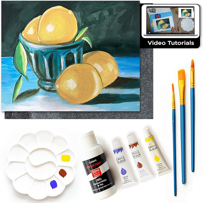 Painting4Real DIY Painting Class Kit for Adults with Video Tutorials: Learn to Paint Lemon Bowl – How to Paint with Acrylics – Painting & Art Supplies – 9 Piece Acrylic Paint Set