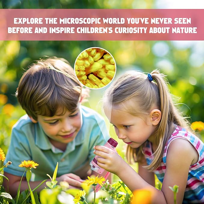 Portable Microscope for Kids Zoom 60x-180x,Handheld Mini Microscope STEM & Science Toys,LED Pocket Little Scientist Microscopes with 12pcs Slides,Gifts for 6,7,8,9,10+ Girls Boys（2PCS Pink）