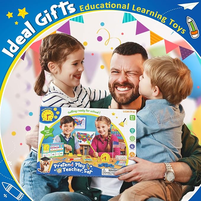 Pretend Play Teacher Set, Kids Pretend Teacher Playset with Whiteboard Learning Clock Magnetic Numbers and Map Puzzles, Pretend Play Teaching Toys Learning Education Toys for Kids