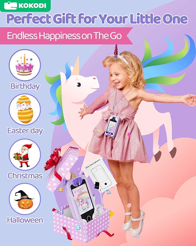 KOKODI Kids Smart Phone Toys, Birthday Gifts Unicorn Toddler Play Phone for Girls 3-10, Touchscreen HD Dual Camera Cell Phone for Kids, Travel Toy Preschool Learning Toy for Kids (Purple)