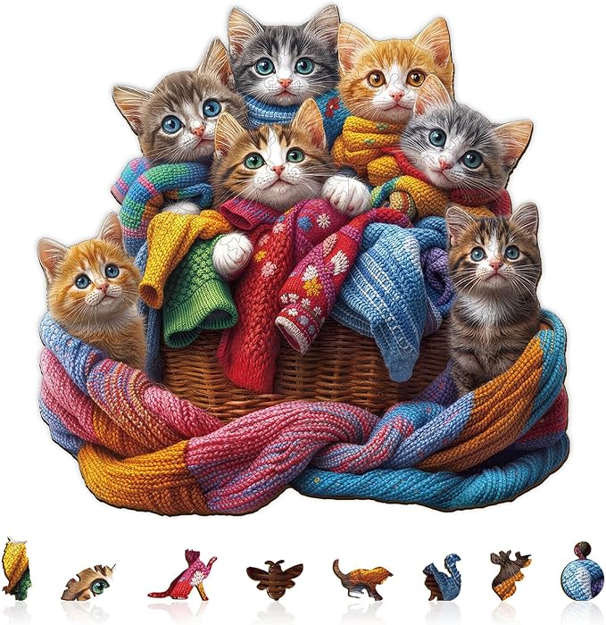 Wooden Puzzles for Adults - Colorful Fabric Cat Wooden Puzzle - Unique Shapes Wooden Jigsaw Puzzles for Adults - Eco-Friendly Home Office Decor (11.4 * 10.9in)